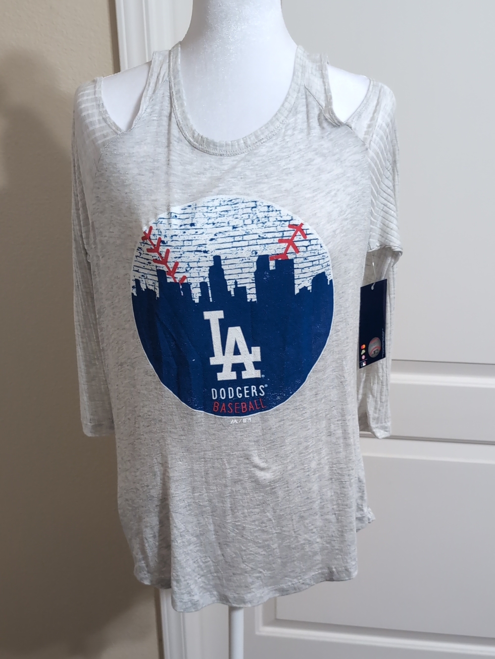 LA Dodgers Women's Gray Cold-Shoulder Baseball Tee XL Nwt MLB Majestic Threads